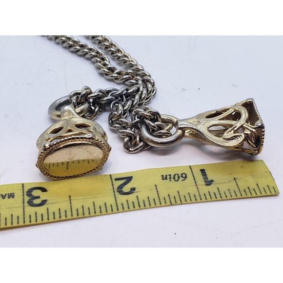 Vintage Wax Seal Watch Double Fob Lariat Necklace 1950s Emmons Georgian Chunky - Picture 13 of 16
